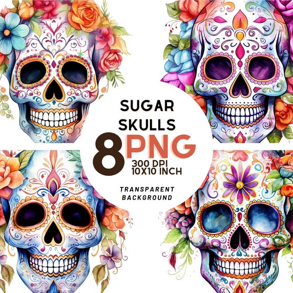 Sugar Skulls watercolor Illustrations set: 8 PNGs 300 DPI