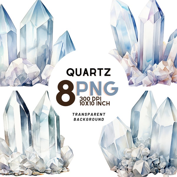 White Quartz Crystals watercolor clipart: 8 JPGs 300 DPI illustrations, Commercial use, instant download