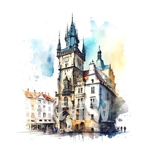 Prague travel Watercolor Clipart, 8 JPGs | Commercial Use, Digital download