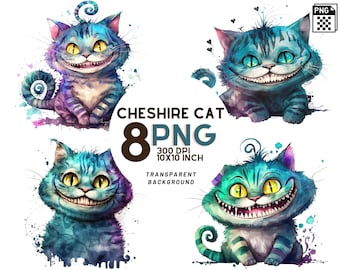 Cheshire Cat watercolor Illustrations set: 8 High Quality PNG 300 DPI - Alice in wonderland illustration - Instant Digital Download