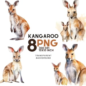 Kangourou aquarelle clipart : 8 PNG de qualité pour Scrapbooking, Digital Journal, imprimable avec usage Commercial, téléchargement numérique