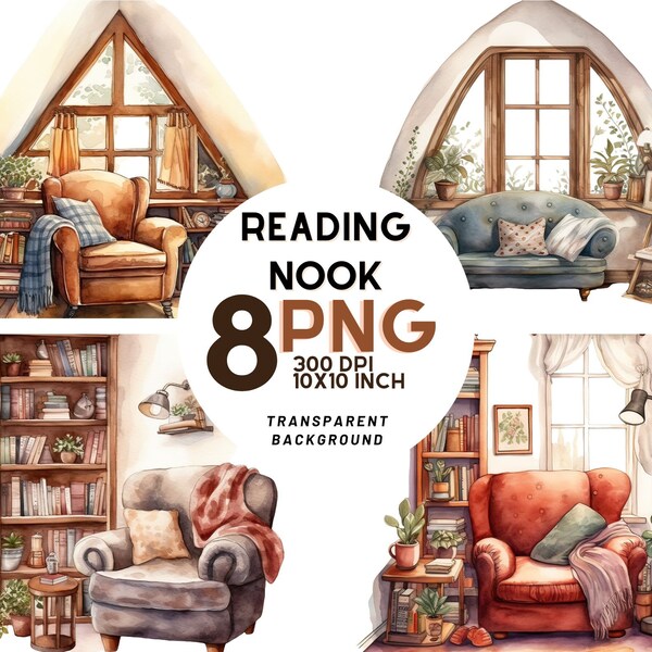 Watercolor Reading Nook clipart: 8 High-Quality 300 DPI PNGs, Digital Journal, Printable with Commercial Use, Digital Download