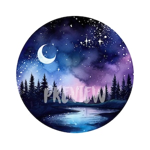 Conjunto de marcos de paisajes de cielo nocturno en acuarela: 8 PNG de alta calidad de 300 DPI, diario digital, imprimible para uso comercial, descarga digital