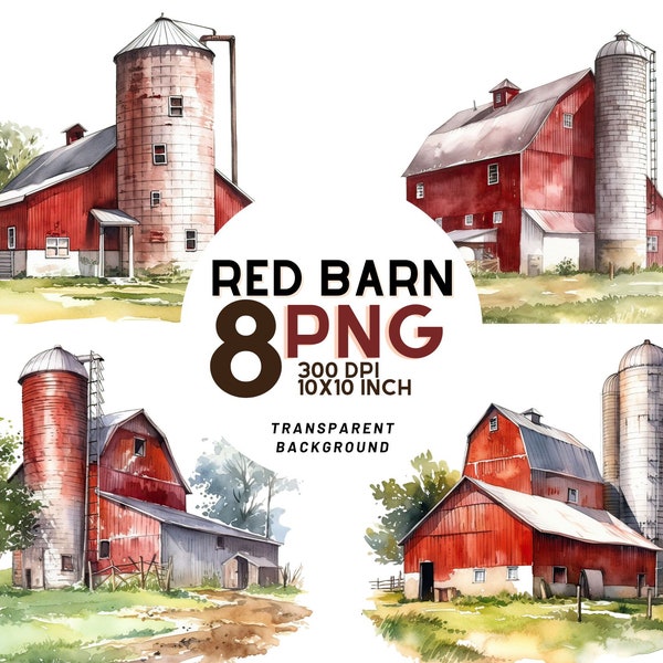 Watercolor Red Barn with silo Landscape set: 8 High-Quality 300 DPI PNGs, Digital Journal, Printable with Commercial Use, Digital Download
