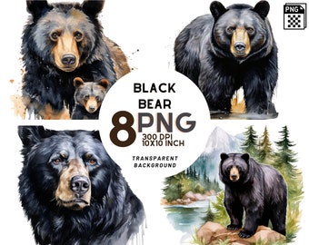 Black Bear Watercolor clipart: 8 Quality PNGs for Scrapbooking, Digital Journal, Printable with Commercial Use, Digital download