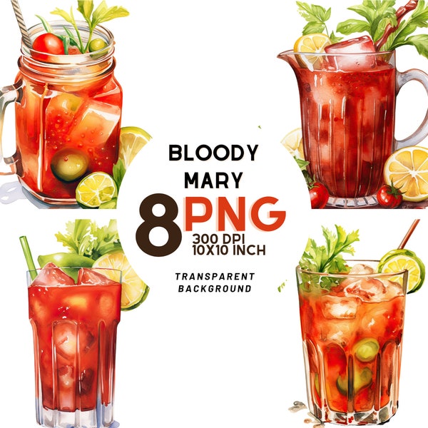 Watercolor Bloody Mary Cocktail clipart set: 8 High-Quality 300 DPI PNGs, Printable with Commercial Use, Digital Download