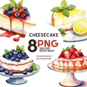 Clipart de pastel de queso de acuarela: 8 PNG de calidad, 300 DPI - Ideal para diario digital, imprimible con uso comercial, descarga digital