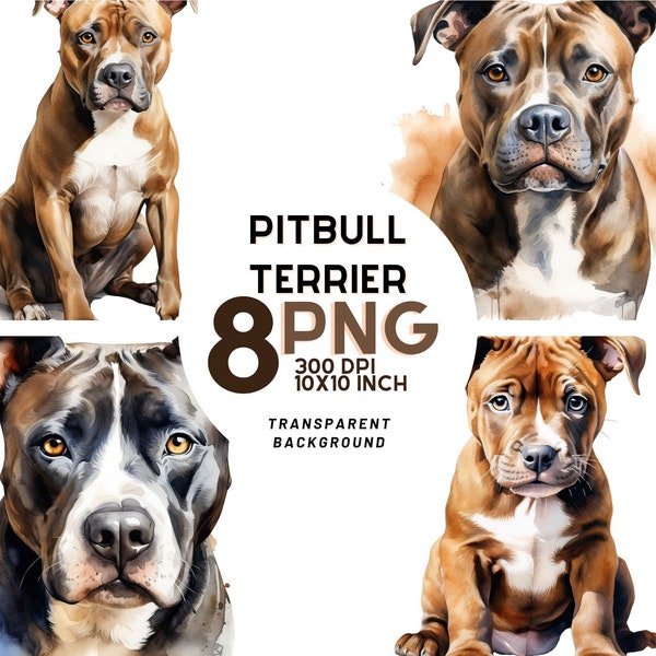 Watercolor Pitbull Terrier Dog Set: 300DPI PNGs for Scrapbooking, Digital Journals, Printables, and Commercial Use - Digital Download