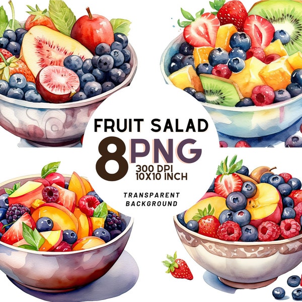 Watercolor summer fruit salad set: 8 High-Quality 300 DPI PNGs, Digital Print, Printable with Commercial Use, Digital Download