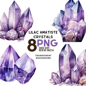 Lilac Amatiste Crystals watercolor clipart: 8 JPGs 300 DPI illustrations, Commercial use, instant download