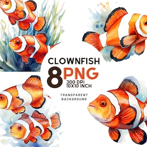 Clownfish aquarel clipart: 8 prachtige PNG's voor scrapbooking, digitale tijdschriften en printables – direct downloaden met commercieel gebruik