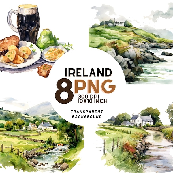 Watercolor Ireland Clipart Set - Irish Landscapes & Cuisine - High Quality Digital Art - Instant Download - 8 PNG Files 3000x3000 300 DPI