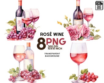 Watercolor Rosé Wine: 8 quality PNGs,  300 DPI - Ideal for Digital Journal, Printable with Commercial Use, Digital download