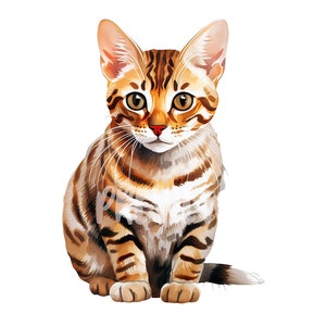Bengal Cat Watercolor Clipart - 8 High-Quality PNGs for Scrapbooking, Digital Journaling, and Printing Projects with Commercial Use Rights