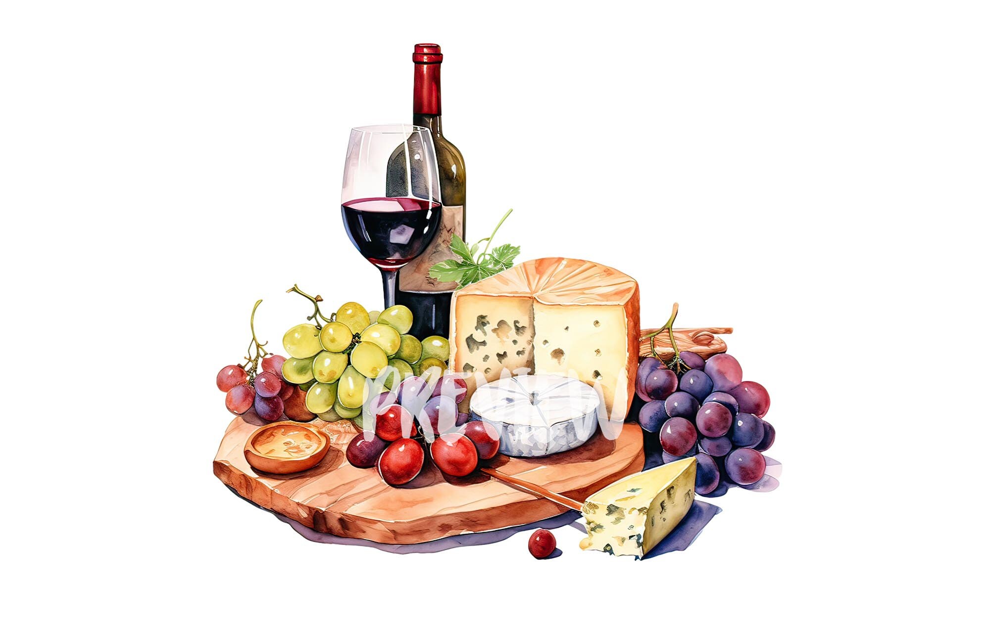 Watercolor Wine and cheese Clipart: 8 quality PNGs,  300 DPI - Ideal for Digital Journal, Printable with Commercial Use, Digital download