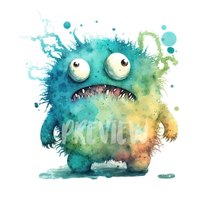 Aquarell Fuffy Monster Clipart: 8 Qualität PNGs 300 DPI, ideal für Kinderzimmer Dekor, Digital Journal - Kommerzielle Nutzung, Digitaler Download