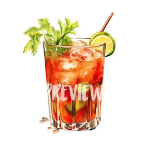 Aquarel Bloody Mary-cocktail clipart set: 8 hoogwaardige 300 DPI PNG's, afdrukbaar voor commercieel gebruik, digitale download