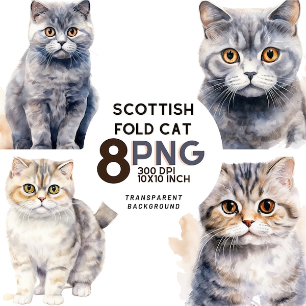 Watercolor Scottish Fold Cat Clipart - 8 High-Quality PNGs for Scrapbooking, Digital Journaling, and Printables with Commercial Use