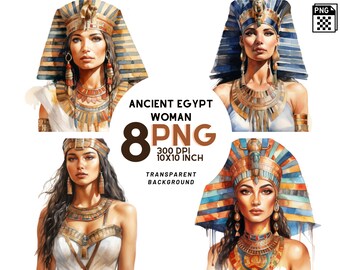 Watercolor Ancient Egypt Woman Clipart - 8 High-Resolution PNGs for Scrapbooking, Digital Journal - Commercial Use, Digital download