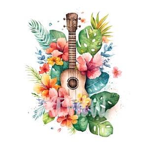Blumen Ukulele Aquarell Clipart Set - 8 hochwertige PNGs für Digital Journaling, Printables und kommerzielle Nutzung, sofortiger digitaler Download