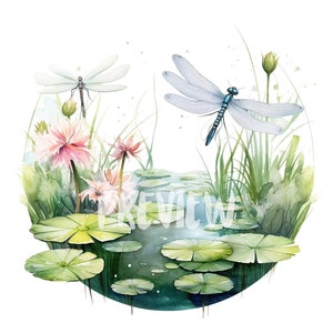 Watercolor Lily Pond Landscape clipart set: 8 PNG 300 DPI- TRANSPARENT background, Digital Journal, Commercial Use, Digital Download