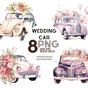 Aquarell Hochzeit Autos Clipart - 8 hochwertige PNGs 300 DPI - Ideal für Einladungen, Scrapbooking und Printables