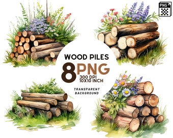 Watercolor wood piles clipart set: 8 PNG 300 DPI- TRANSPARENT background, Digital Journal, Commercial Use, Digital Download