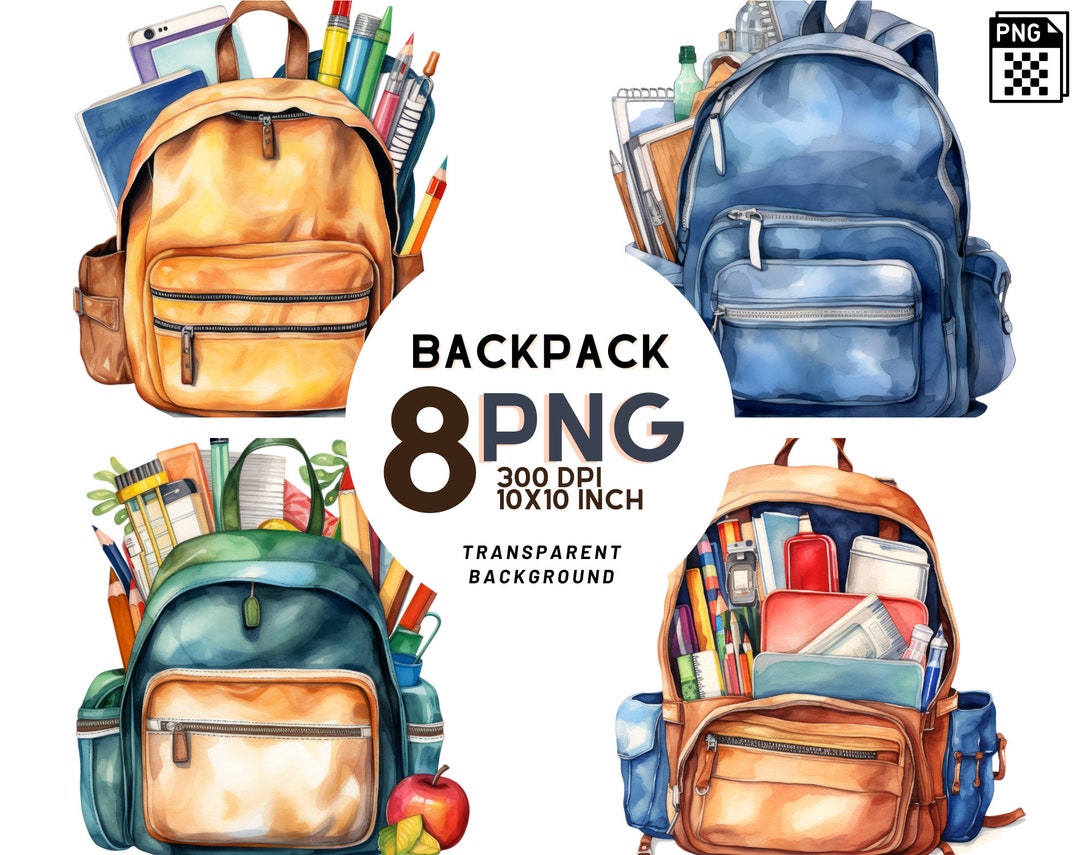 Watercolor School Backpack Clipart - 8 High-resolution PNG for ...