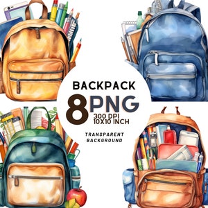 Aquarell Schulrucksack Clipart - 8 hochauflösende PNG für Scrapbooking, Digital Journal, druckbar mit kommerzieller Nutzung - Back to School