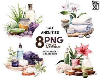 Watercolor Spa Amenities Clipart: 8 quality PNGs, 300 DPI - Ideal for Digital Journal, Printable with Commercial Use, Digital download