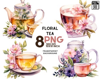 Watercolor Floral Tea Clipart: 8 quality PNGs,  300 DPI - Ideal for Digital Journal, Printable with Commercial Use, Digital download