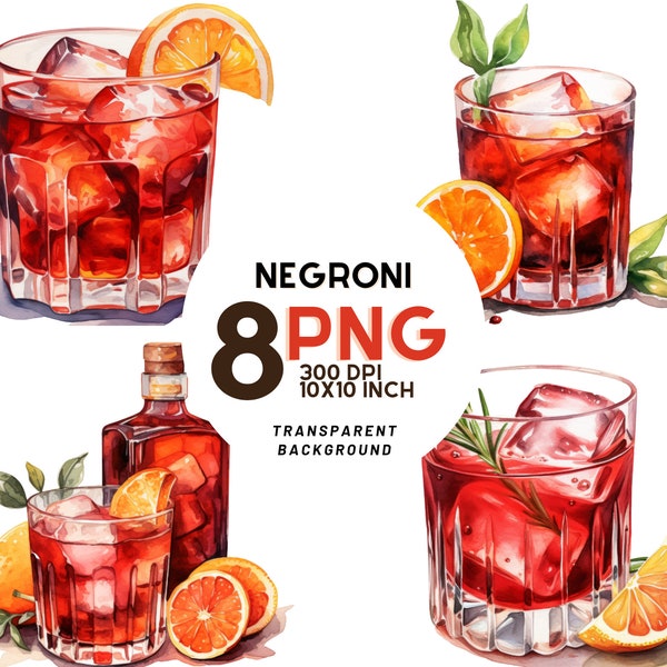 Watercolor Negroni clipart set: 8 High-Quality 300 DPI PNGs, Printable with Commercial Use, Digital Download - Recipes and Cocktails