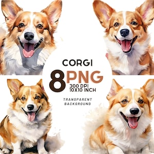 Acuarela Corgi Clipart Set - 8 JPG 300 DPI