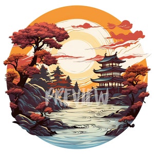 Watercolor Japanese Landscape Frames set: 8 High-Quality 300 DPI PNGs, Digital Journal, Printable with Commercial Use, Digital Download