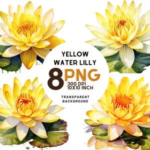Yellow Water lily watercolor clipart: 8 High-Quality PNGs, Botanical Print, Digital Journal, Commercial Use, Instant Digital Download