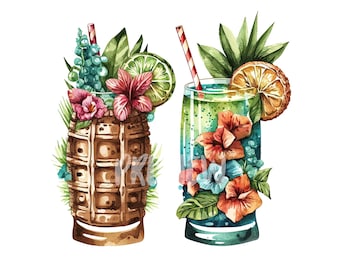 Watercolor Tiki Drinks Watercolor Clipart: 8 quality PNGs,  300 DPI, Digital Journal, Printable with Commercial Use, Digital download