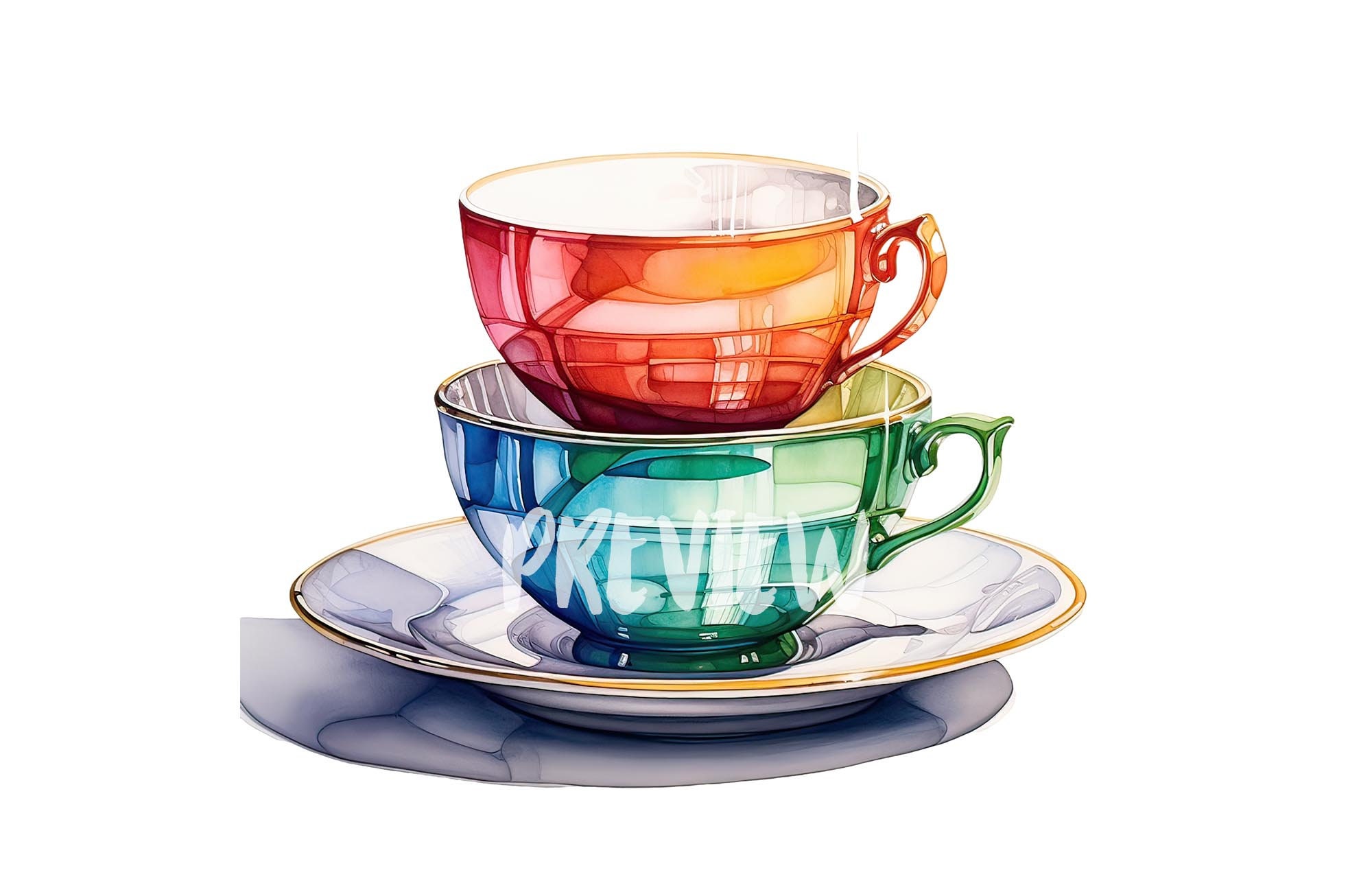 ティーカップの水彩画クリップアート セット - デジタル