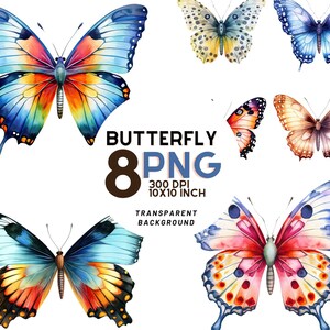 Watercolor Butterfly Clipart set: 8 High-Quality 300 DPI JPG for Scrapbooking, Printables and Commercial Use - Digital Download