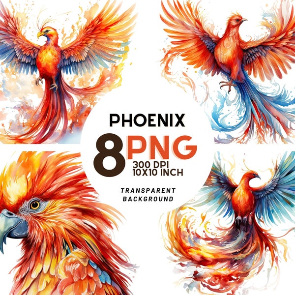 Phoenix bird watercolor clipart: 8 High Quality 300 DPI - Ideal for scrapbooking, Digital journal - Instant Digital Download