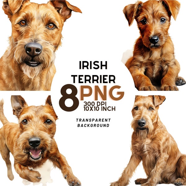 Irish Terrier Dog Watercolor Clipart - 8 High-Quality PNGs for Scrapbooking, Digital Journaling, Printing, Instant Digital Download