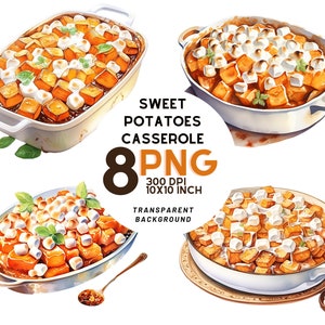 Aquarell Süßkartoffelauflauf mit Marshmallows Clipart - 8 hochauflösende PNGs für Rezeptbuch, kommerzielle Nutzung, digitaler Download