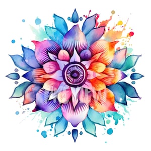 Clipart mandala floreale ad acquerello: 8 PNG di alta qualità a 300 DPI, stampa botanica, stampabile per uso commerciale, download digitale