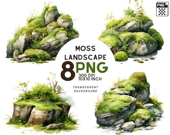 Watercolor Moss Landscape set: 8 High-Quality 300 DPI PNGs, Digital Journal, Printable with Commercial Use, Digital Download