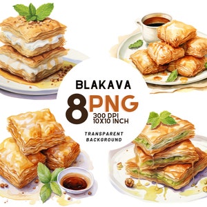 Acuarela Baklava Clipart: 8 PNG de calidad, 300 DPI - Ideal para diario digital, libro de recetas, uso comercial, descarga digital