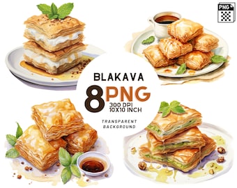 Watercolor Baklava Clipart: 8 quality PNGs, 300 DPI - Ideal for Digital Journal, Recipe Book, Commercial Use, Digital download