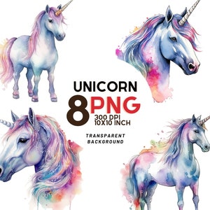 Watercolor Unicorn Clipart Set:  Magical Creatures & Rainbows - High-Quality Digital Art - Instant Download - 8 PNG Files 3000x3000 300 DPI