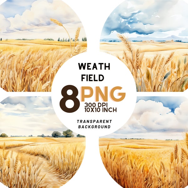 Watercolor wheat field Landscape clipart set: 8 PNG 300 DPI- TRANSPARENT background, Digital Journal, Commercial Use, Digital Download