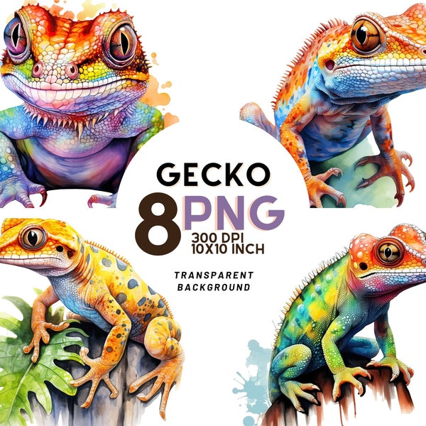Watercolor Gecko Clipart: 8 High-Quality PNGs 300DPI - Jungle South America - Commercial Use, Instant Digital Download