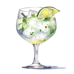 Set di clipart di cocktail Gin Tonic ad acquerello: 8 PNG di alta qualità a 300 DPI, stampabili per uso commerciale, download digitale