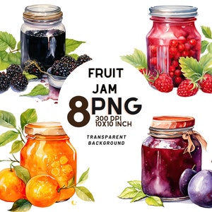 Lebendiges Aquarell Fruit Jam Grafik-Set - 8 PNGs, 300 DPI - Ideal für DIY-Projekte, digitale Journale und kommerzielle Drucksachen